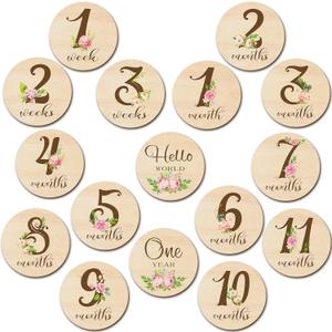 Tiamon 16 Pieces Wooden Baby Monthly Milestone Cards Monthly Milestone Marker Discs Double Sided Wooden Circles Months Signs for Baby Shower Newborn Photo Props(Flower)