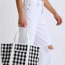 Beach Tote Bag for Women, Lightweight Foldable Waterproof Mesh Pool Bag (Black and White Plaid)