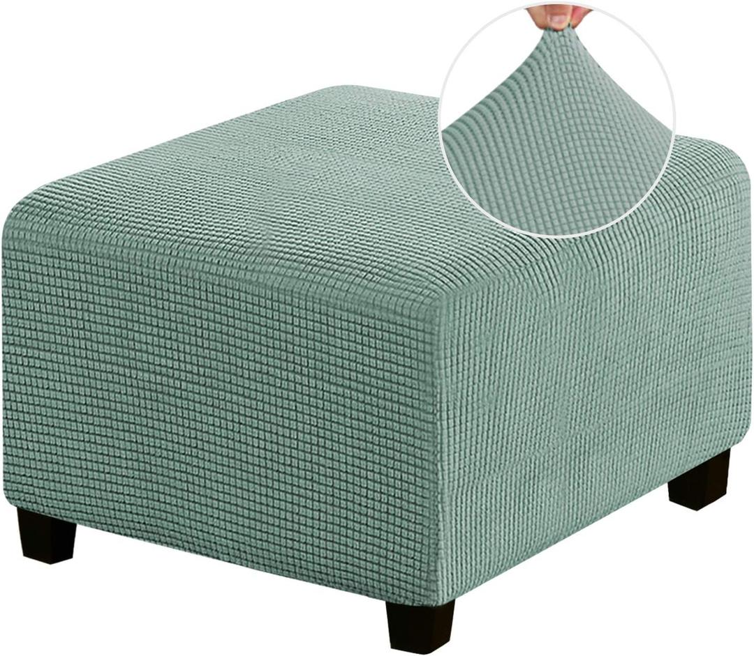 PrinceDeco Stretch Ottoman Cover Ottoman Slipcovers Square for Living Room Foot Stool Stretch Covers to Fit Ottoman Foot Rest, Thick Checked Jacquard Fabric with Elastic Bottom (Medium Size, Sage)