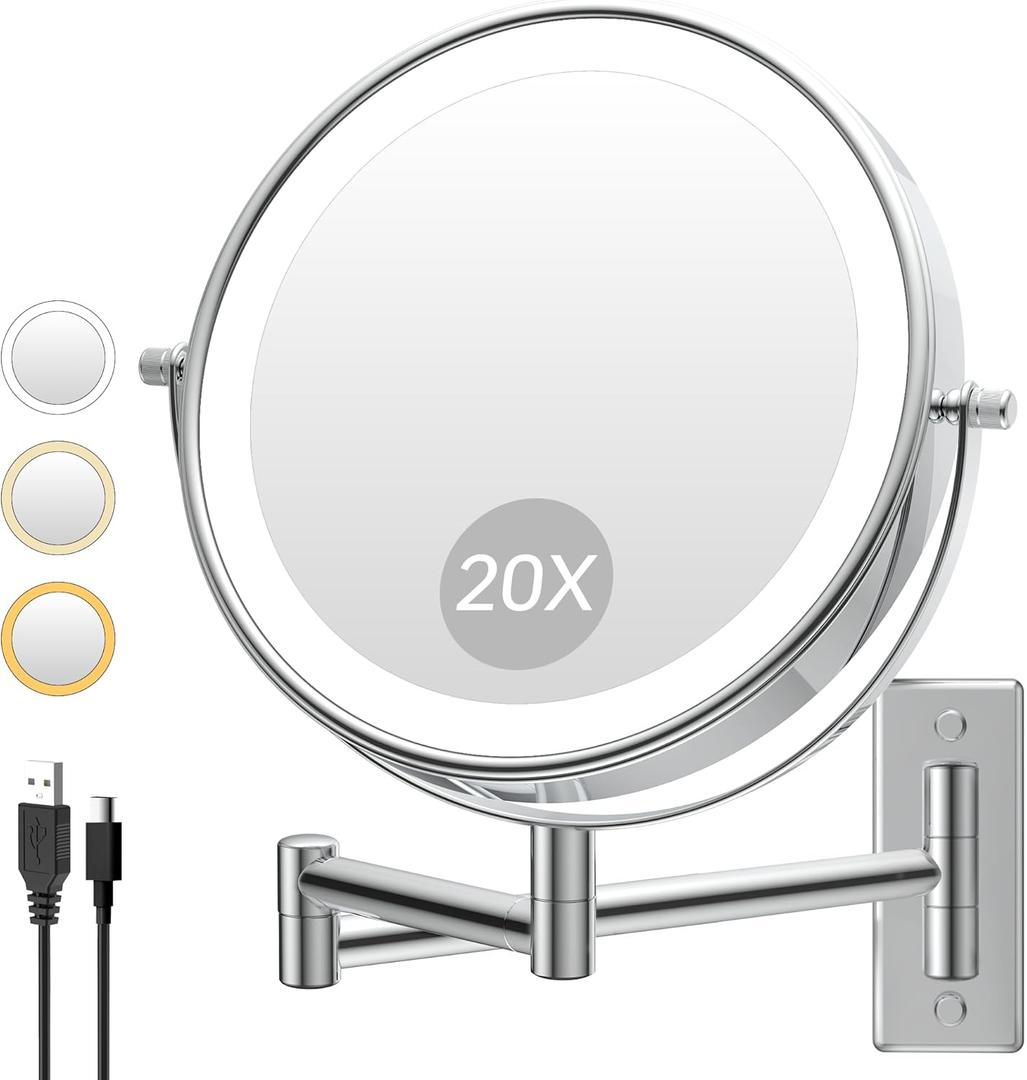 1X/20X Wall Mounted Makeup Mirror with Lights, 8" Double Sided Bathroom Magnifying Mirror with 360 Extension Arm, Dimmable, Rechargeable, Touch Control, Chrome