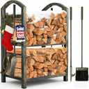 AMAGABELI GARDEN & HOME Firewood Rack Indoor with Tools 5-Piece Fireplace Tools Set Wood Holder Outdoor Wrought Iron Log Holder Firewood Storage Rack for Christmas Fireplace,Fire Pit,Wood Stove Bronze