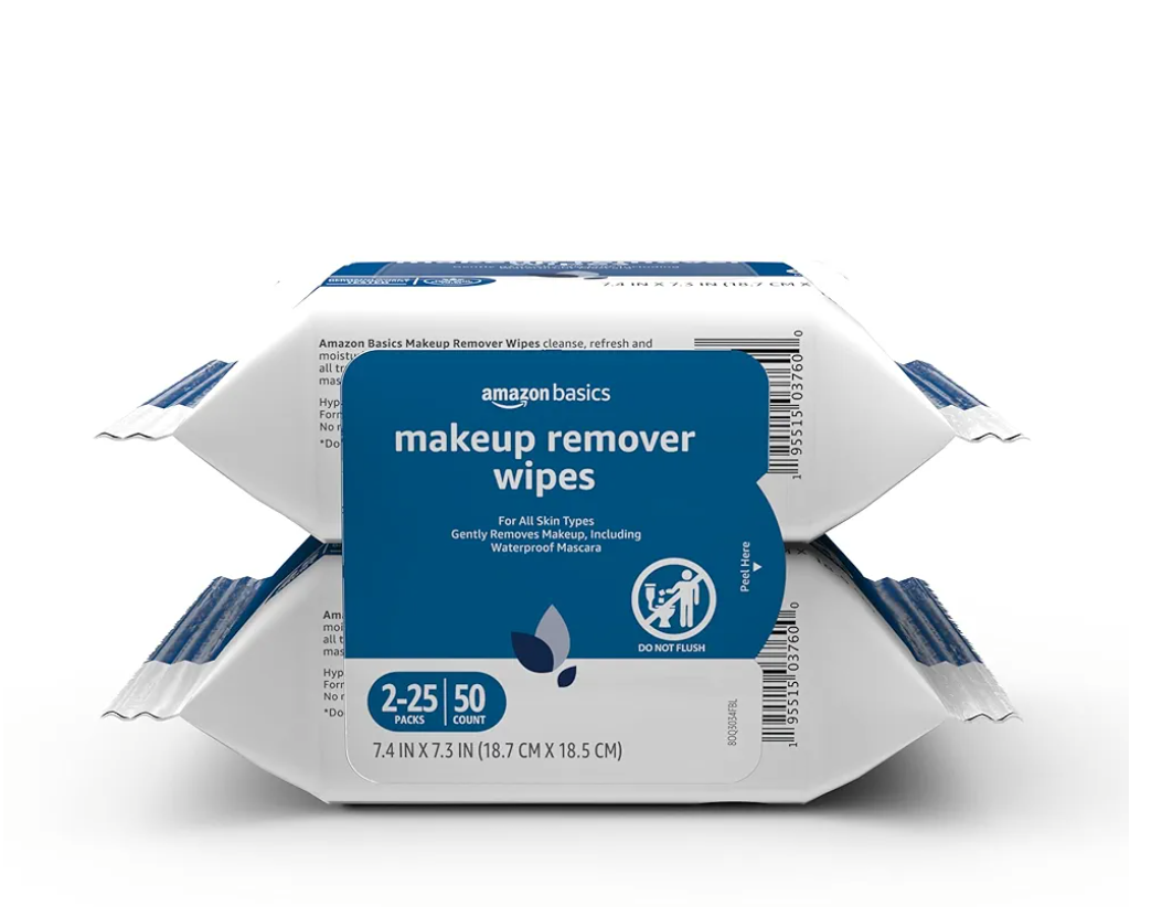 Amazon Basics Makeup Remover Wipes, Gentle Cleansing, Dermatologist Tested, Original, Plant Based, Alcohol-Free, Removes Waterproof Mascara, 25 Count Per Pack, Pack of 4