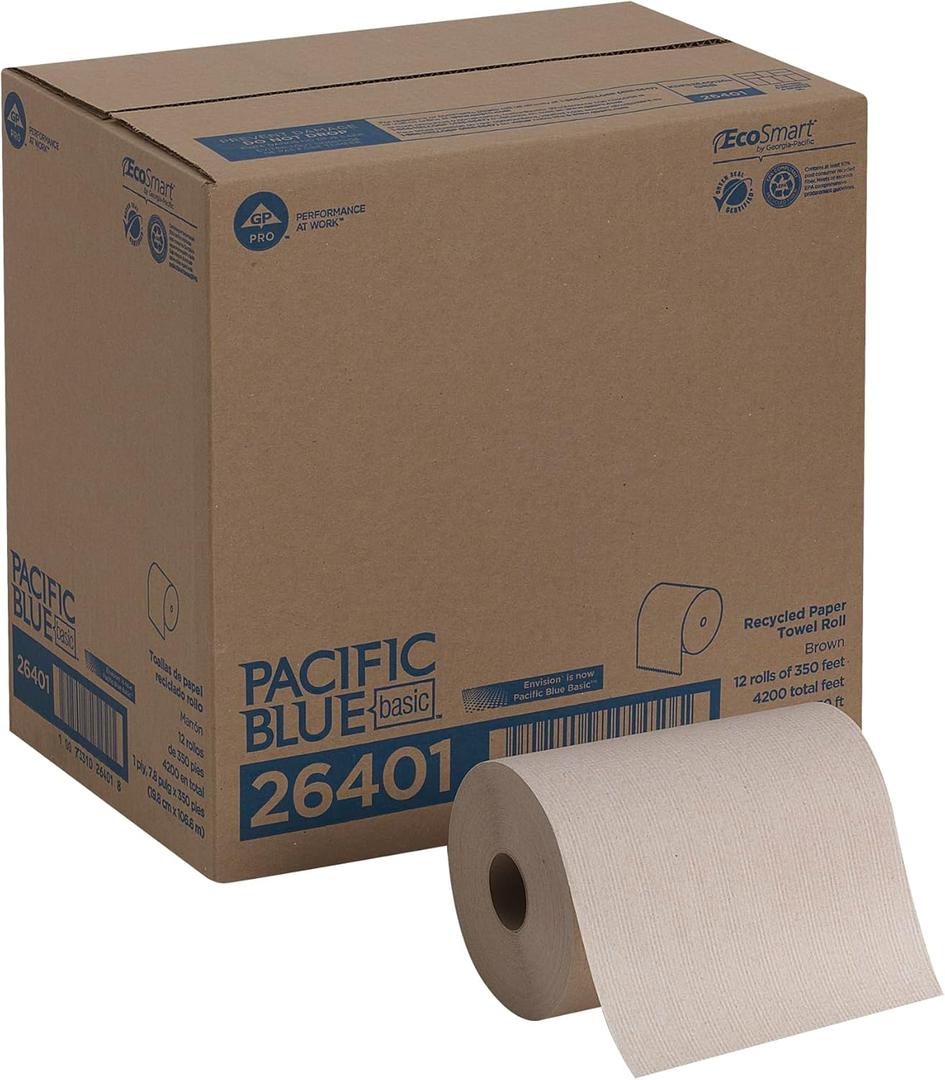 Georgia-Pacific Pacific Blue Basic Recycled Paper Towel Roll (Previously Branded Envision) by GP PRO (Georgia-Pacific), Brown, 26401, 350 Feet Per Roll, 12 Rolls Per Case