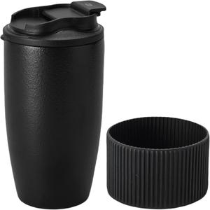 Ceramic Travel Coffee Mug with Polypropylene Lid and Insulated Sleeve, 16 oz, Portable Coffee Cup for Car Cup Holder, Black Matt Finish Mug, Microwave and Dishwasher Safe(Black)