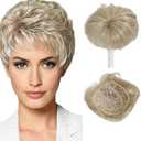 Funyn Hair Topper for Women Short Bob with Bangs &Side Part 360° 3D Cover 6.5x6.5 Inches Synthetic Topper Pieces Natural Look Wig for Thinning Hair (Blonde)