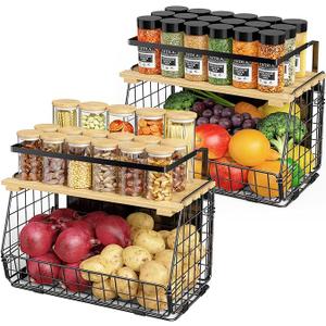 GGIU Magnetic Shelf for Fridge with Wood Lid: 2 Pack Fruit Potato and Onion Storage Bin  Magnetic Spice Rack for Refrigerator & Kitchen Counter  Pantry Organizers and Storage