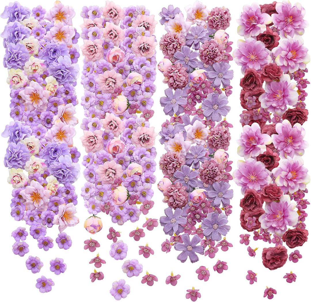 Geosar 120 Pcs Small Flowers for Crafts Spring Mini Faux Flowers Artificial Silk Fabric Floral Daisy Peony Floral Decorations DIY Wreath Accessories for Wedding Home Decor(Purple,Coquette Style)