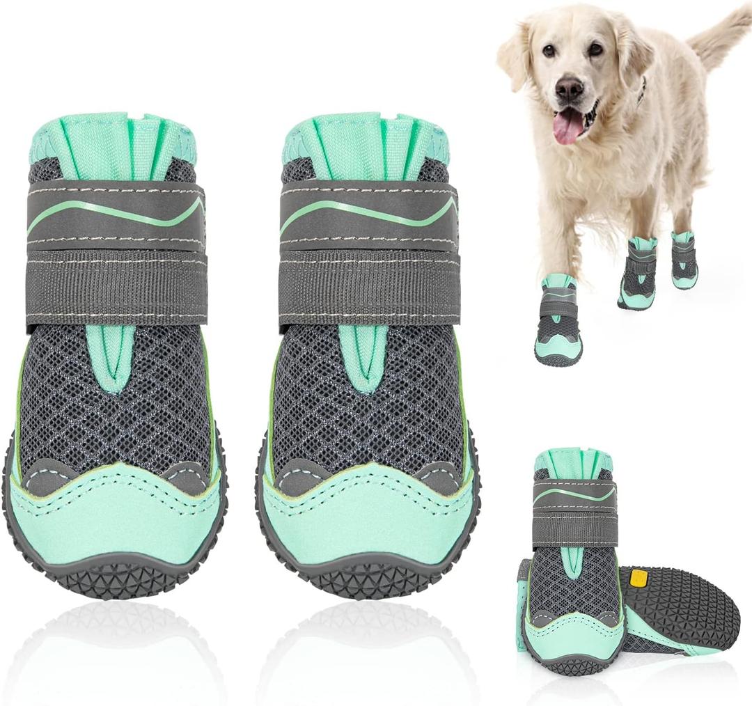 SlowTon Dog Shoes for Large Small Medium Dogs - Breathable Dog Boots for Summer Hot Pavement, Paw Protector for Outdoor Walking Winter Snow, Anti-Slip Rubber Dog Booties for Hardwood Floor (Green, 6)