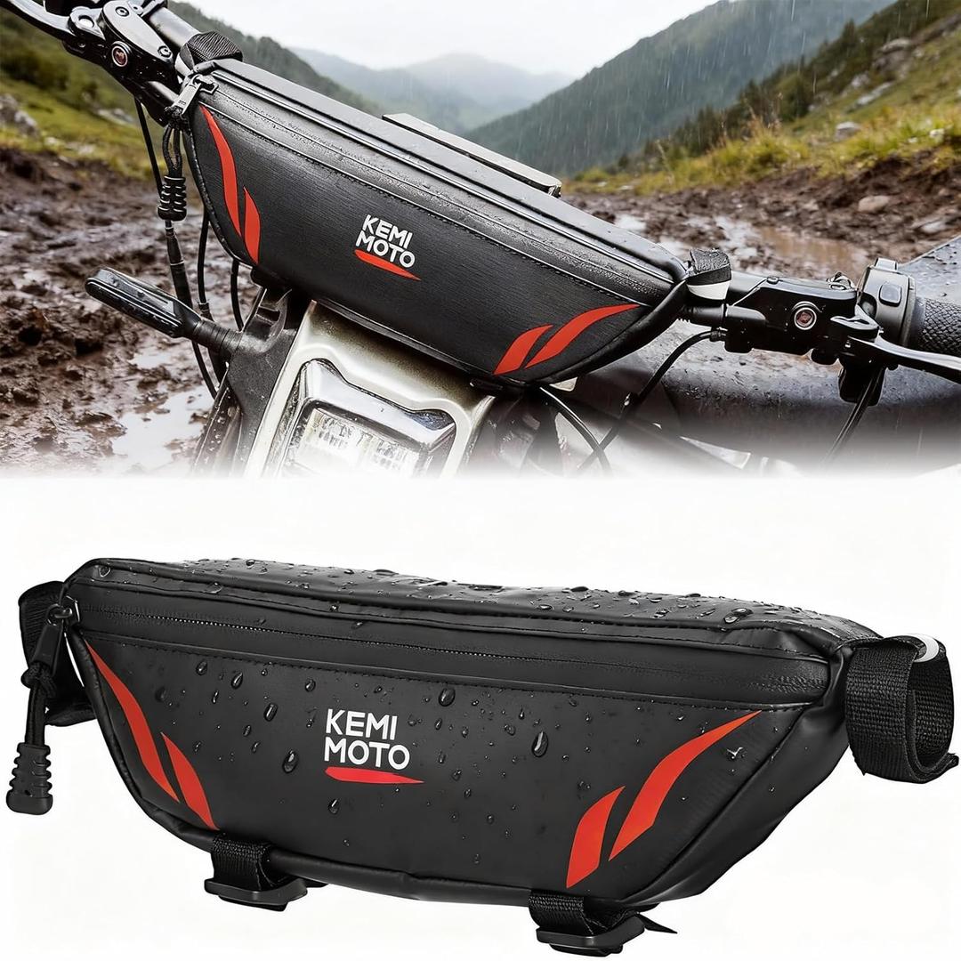 KEMIMOTO Motorcycle Handlebar Bag Universal Waterproof Front Storage Bag Bicycle Handlebar Bag Compatible with Sur-Ron Light Bee X and S X160 X260 Talaria Sting Segway Electric Dirt Bike (Red Decor)
