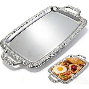 Silver Serving Tray,Rectangular Vintage Metal Tray with Handle for Whiskey Cookies, Charcuterie Snacks Desserts Fruit Party Food Display