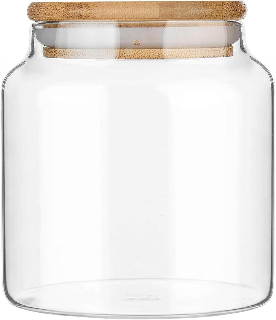 17.6 fl oz Glass Storage Containers With Lids, Candy Jar, Food Storage for Kitchen Counter, Pantry, Decorative Container for Coffee, Sugar, Tea, Cute Glass Jar (Bamboo 17.6 FL OZ)