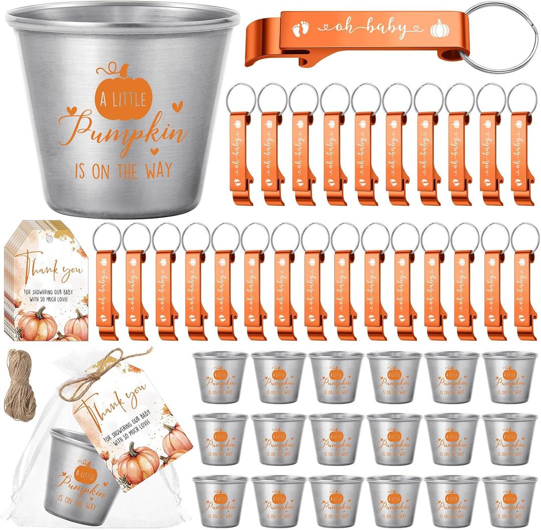 Vesici 50 Sets Baby Shower Favors 1.5 oz Stainless Steel Shot Glasses Cute Bottle Opener Keychains Thank You Tags Bags Thanksgiving/Fall/Gender Reveal Party Return Gift Guest (Orange)