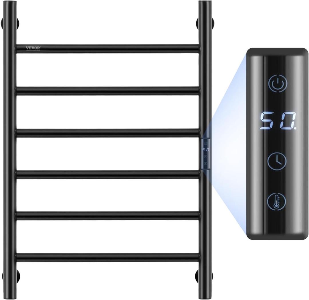 VEVOR 6 Bars Towel Warmer Rack, Wall Mounted Heated Towel Rack for Bathroom, IPX5 Waterpoof Towel Heater Rack with Timer & LED Display Screen, 5 Levels Adjustable Temperature Towel Heater, Black
