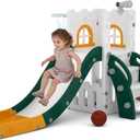 6 in 1 Toddler Slide,Kids Playset for Toddlers Indoor Outdoor, Baby Slide with Basketball Hoop, Telescope & Storage Space,Non-Slip Steps for Great Gift (Green)