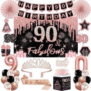 90th Birthday Decorations for Women, 32PCS 90th Birthday Party Decorations, Including Backdrop, Crown, Sash, banner, Hanging Swirl, Cake Topper, balloons, Paper Fans, Anniversary Card and paper fans