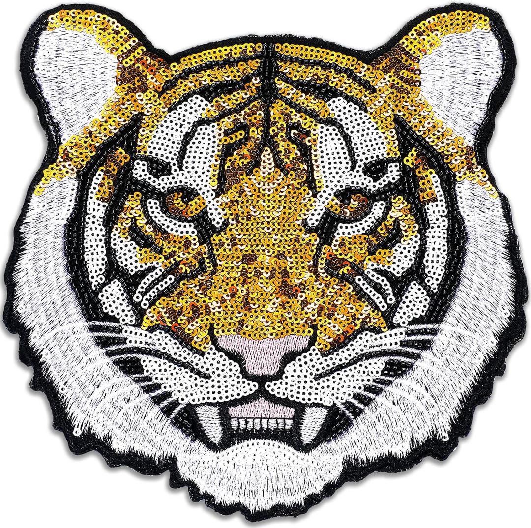 Lyrow 1 Pc Tiger Sequin Patches Iron Clothing Sequin Iron-On Patches Animal Pattern Embroidery Beaded Appliques for Clothing Jeans Jackets for Halloween Event Dress Up (7.8'')