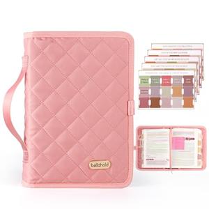BellaHold Adjustable Bible Cover with 75 Bible Tabs - Bible Cover Case for Women，Waterproof, Washable Quilted Bible Case，Reusable Christian Gifts for Women (Pink, TS)