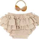 HOOLCHEAN Baby Girls Cotton Gauze Ruffle Bloomer Shorts with Bowknot Headband (0-6 Months, Khaki)