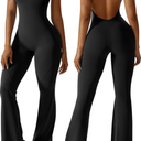OEAK Womens Flare Jumpsuit with Bra Tummy Control Cutout Romper Workout Outfit Sleeveless Unitard One Piece Backless Bodysuit S Black