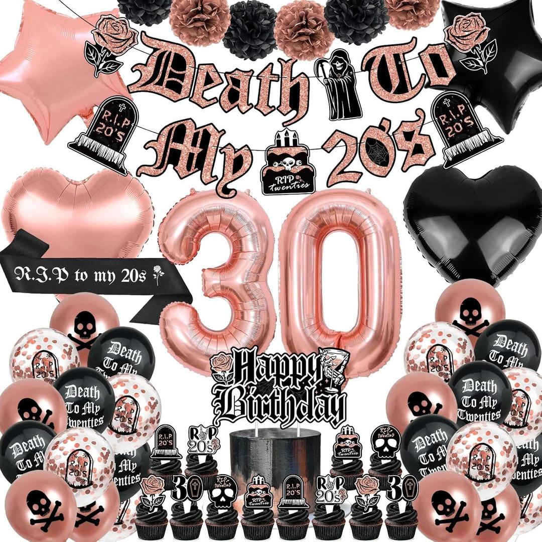 Death to My 20s Decorations, 30th Birthday Decorations for Her Black and Rose Gold, Rip to My 20s Birthday Decorations Funeral for My Youth 30th Birthday 30 Balloon Numbers Dirty Thirty Party Supplies