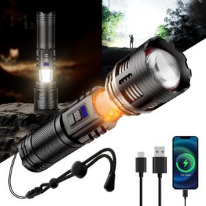 SKYFIRE LED Rechargeable Flashlights High Lumens with Ambient Lamp,8000 Super Bright Tactical Flashlights with 2 Colors,Focusable,Waterproof Flash Light for Camping Essentials,Outdoor&Home-Black