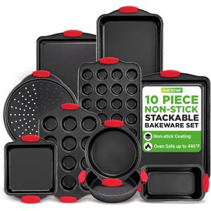 NutriChef 10-Piece Nonstick Kitchen Oven Baking Pans - Premium & Stylish Non-Stick Carbon Steel - Commercial Grade Restaurant Quality Metal Bakeware with Silicone Handles - Easy to Clean, NCSBS10S