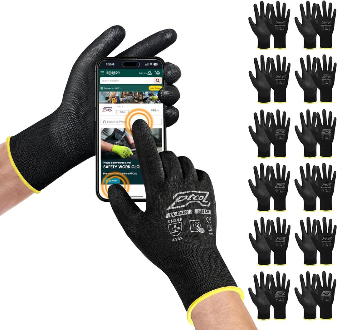 Safety Work Gloves PU Coated for Men and Women-12 Pairs,Black Seamless Knit Glove with Three Fingers Touchscreen,Ideal for General Duty Work (XX-Large)
