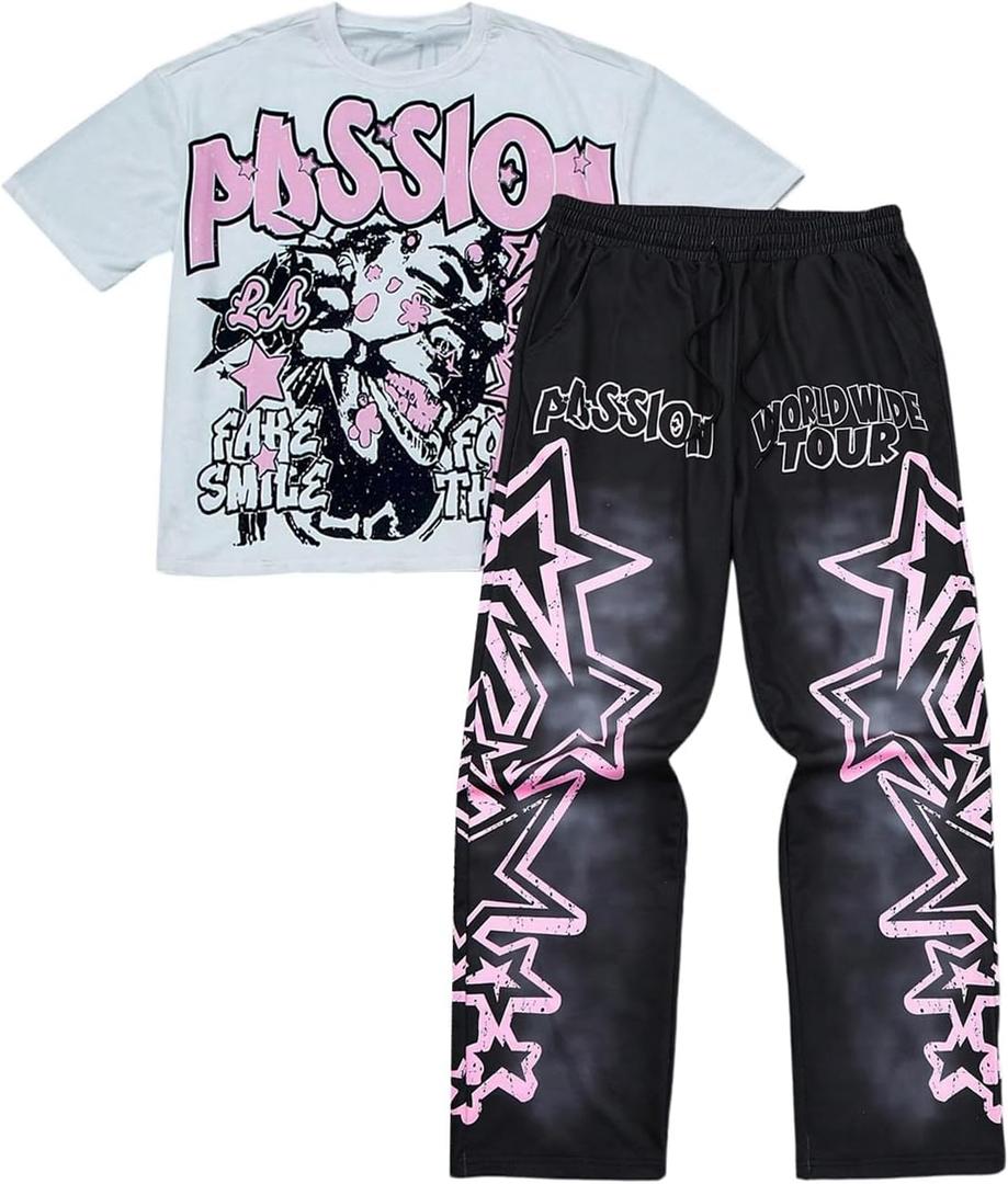 SOLY HUX Men's Summer Two Piece Outfits Short Sleeve Graphic T Shirt Pants Set Y2k Streetwear Clothes (Black, S)