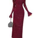 KUTUMAI Women Off Shoulder Bodycon Maxi Dress Long Sleeve Mesh Ruched Party Formal Wedding Guest Dresses Sequin Wine L