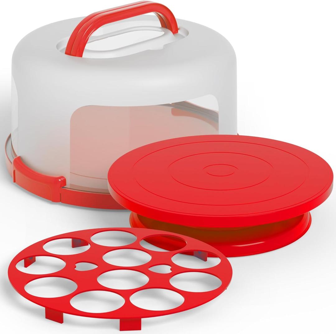 Cake Cupcake Carrier with Lid and Handle + Cake Stand Plate with Dome | 10" Round Cake Container Holder with Cover | Plastic Pie Carrier Cake Storage Container | Bunt Keeper Platter Tray for Transport (Red)