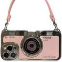 3D Vintage Camera Phone Case with Hand Strap - Unique Cool Silicone PC Shockproof Crossbody Protective Case for iPhone 13 Pro-Pink