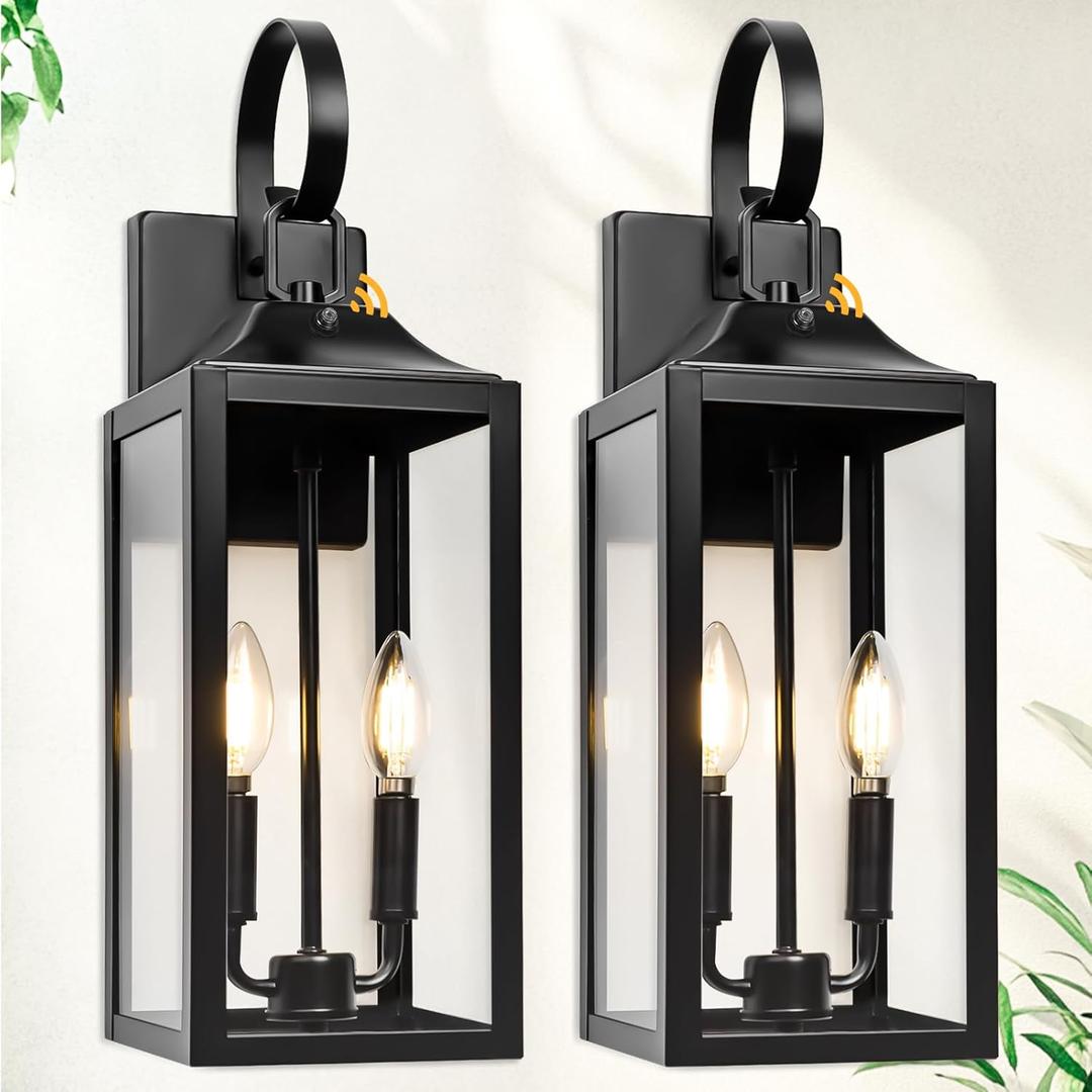 Black Dusk to Dawn Outdoor Wall Lantern 2-Light, 19" Large Modern Outdoor Wall Lights, Industrial Porch Lights Wall Mount with Tempered Glass, Waterproof Farmhouse Exterior Lighting Fixtures, 2 Packs