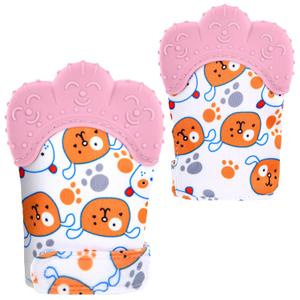 2Pack Silicone Teething Mitt, Soothing Infant Teething Mitten Pain Relief, Prevent Scratches Glove, Safe Silicone Teething Toys for 0-12 Months (pink bear)