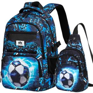 Bluboon Kids Backpack Boys Camo Bookbag Teens Elementary School Bag Daypack Travel Back Pack Middle school (Boy-football 2pcs)