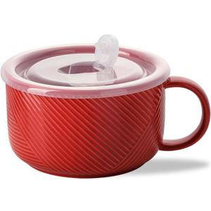 Soup Bowl with Handle & Lid: 38 oz Extra Large Ceramic Food Container for Ramen, Cereal, Breakfast, Meal Prep, Office Lunch, Dorm Living - Microwave Safe, 6 Inch, Red