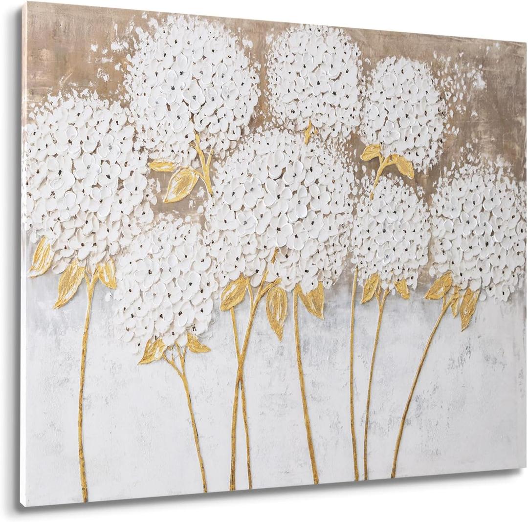 JolyWell White Hydrangea Flower Wall Art, hand-painted Large Canvas Wall Art for Living Room, 3D Textured Oil Painting, Neutral Wall Art decor, Kitchen Bathroom Office Bedroom Wall Art Decor 40" 28"