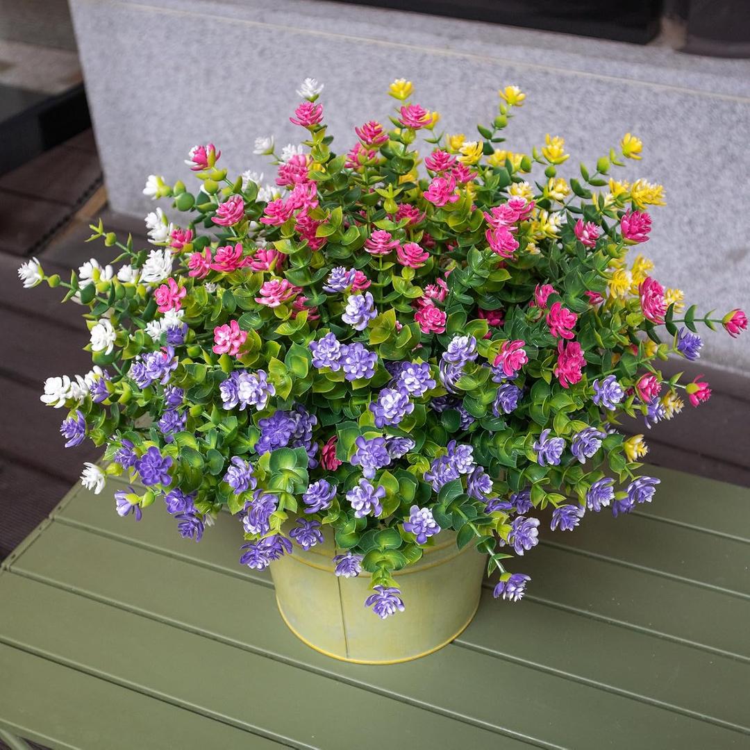 Artificial Flowers for Outdoors, Faux Flowers for Outdoor planters, 16 Bundles Fake Flowers UV-Anti for Decoration, Outdoor Faux Plants, Yellow+Purple+White+Pink