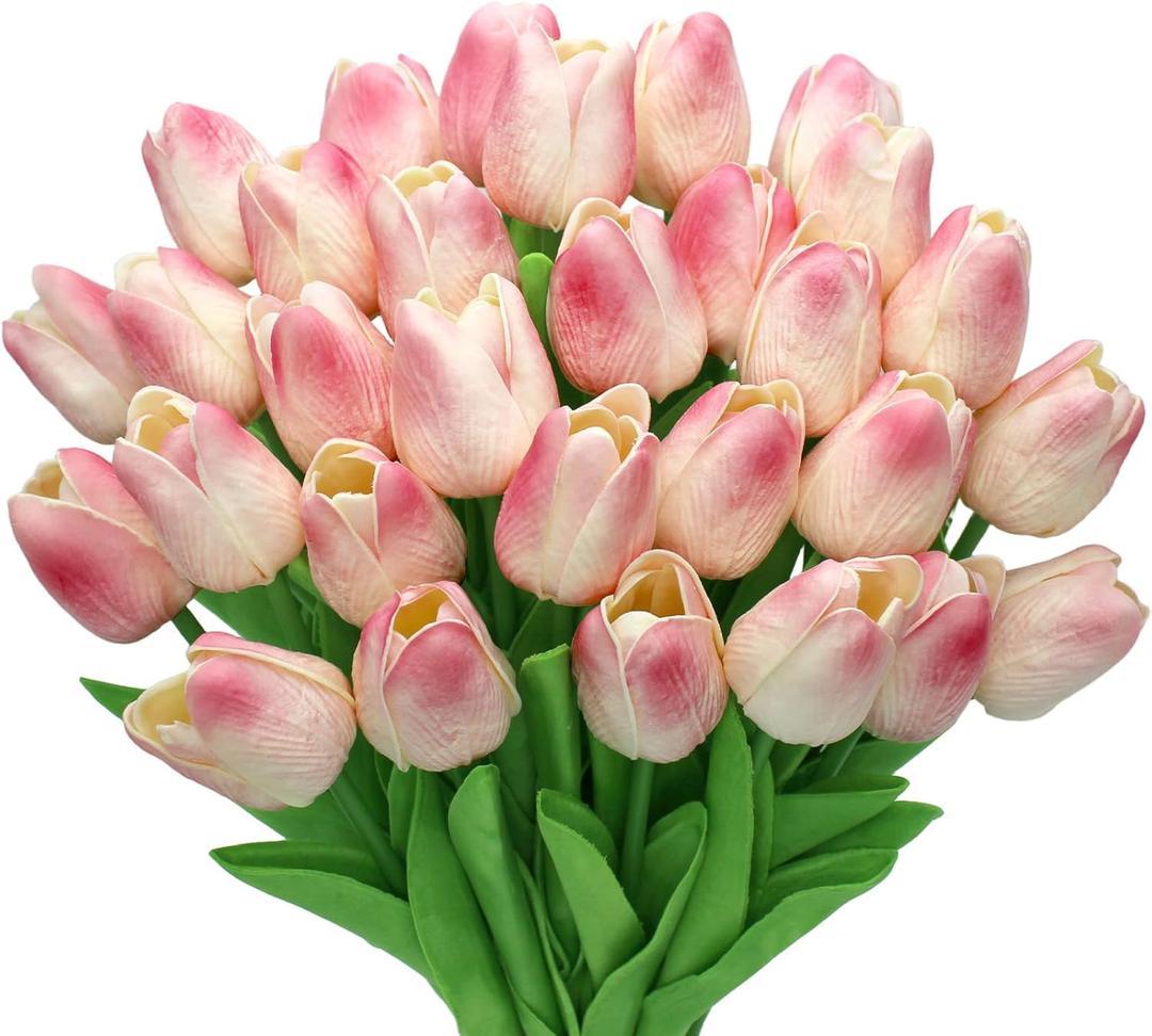 28pcs Pink Flowers Artificial Tulip Stems Real Feel PU Tulips for Easter Spring Wreath Wedding Bouquet Centerpiece Floral Arrangement Cemetery Table Dcor 13" Tall