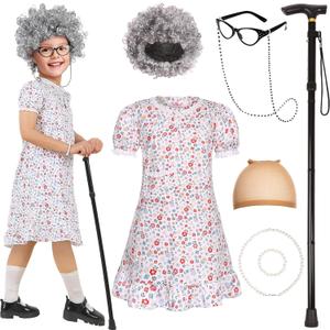 Old Lady Costume for Kids Girls 100 Days of School Costume with Accessories, Halloween Party Dress Up (9-10 Years, Pink)