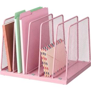 Small Desk File Organizer, 5-Section Upright File Sorter, Vertical File Folder Holder, Mesh Metal Wood Office Desktop Organization for Document, Magazine, Books and more (Pink)
