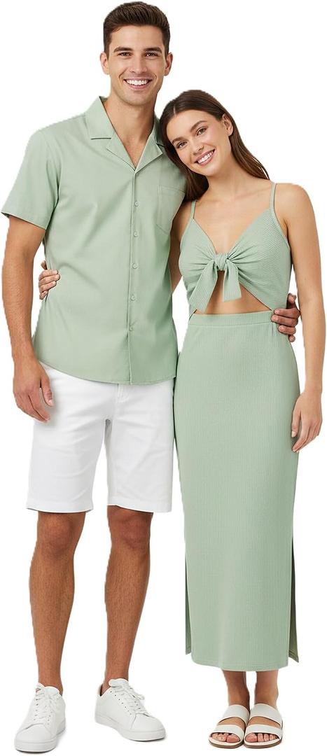 PATPAT Couples Matching Outfits Bodycon Dress & Button-Down Shirt | Matching Cruise Outfits for Couples, Beach Vacation Outfits, Tie Front Cutout Slit Bodycon Sundress, Linen Men's Shirt (Green, XL)