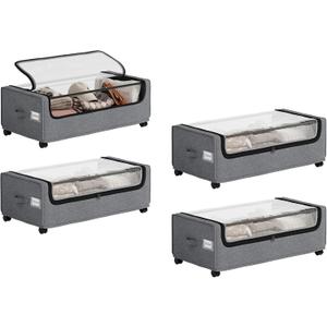 Under Bed Storage, 4-Packs Under Bed Storage With Wheels, Under bed Shoe Storage, Metal Frame, 90L Capacity, Storage Drawers for Bedroom
