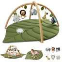 Blissful Diary Baby Play Gym & Activity Mat, Oversize Leaf Shaped Baby Play Mat w 6 Detachable Toys, Tummy Time Mat Promote Motor Skills & Sensory Development Mat, Newborn Infant Baby Essentials Gift