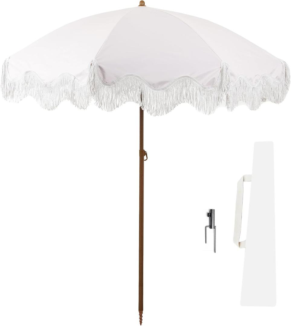 Rayjee 6.5FT Patio Umbrella with Fringe, UV Protection Beach Umbrella with Tilt & Adjustable Height, Includes Carry Bag & Ground Stake, Outdoor Umbrella for Pool, Garden, Backyard