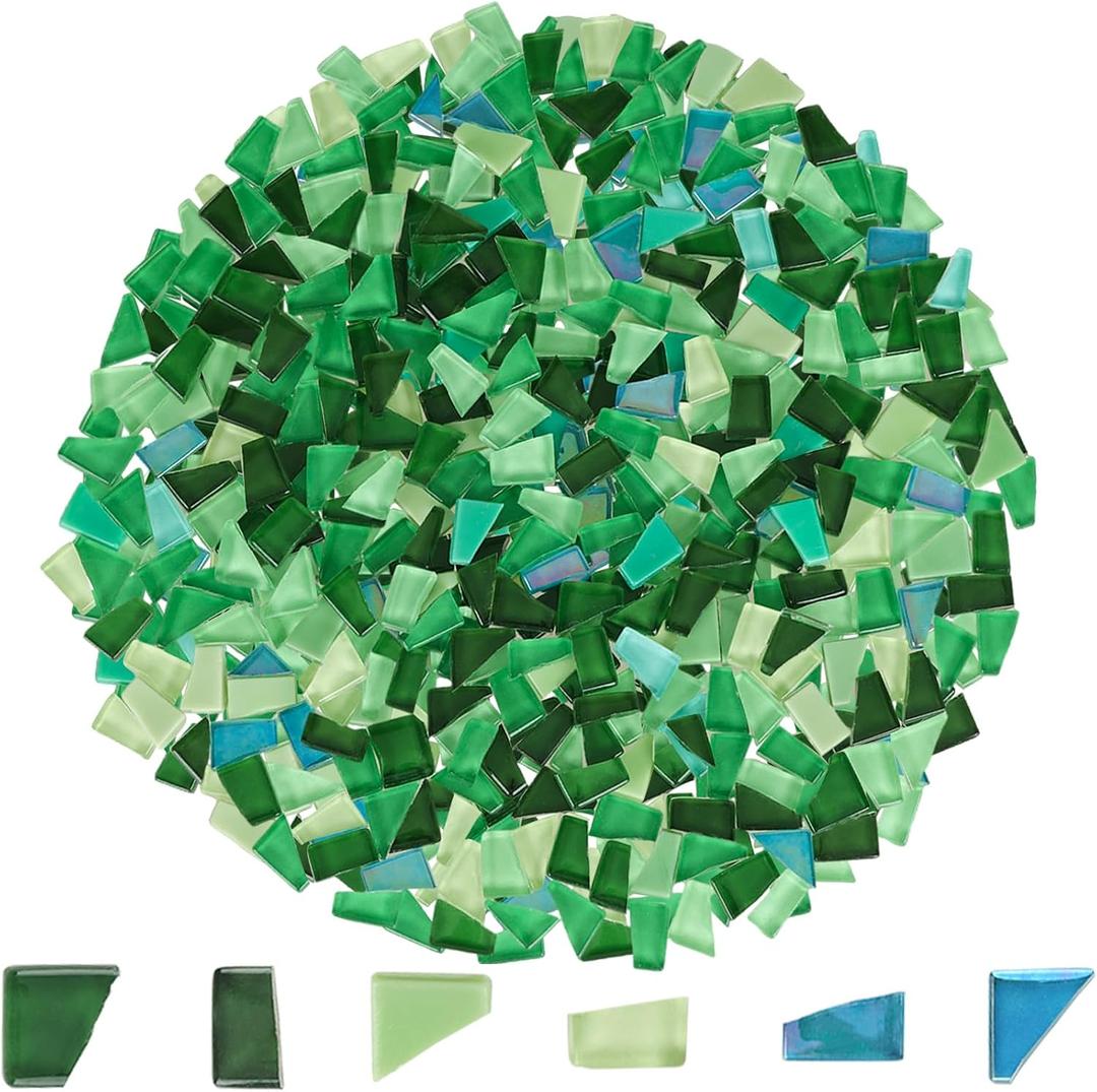 1.1 lb Glass Mosaic Tiles Mixed Green Irregular Crystal Tile Pieces for Crafts Bulk Assorted Shapes Stained Scraps Hand-Cut Adult Art Hobbies DIY Projects Handmade