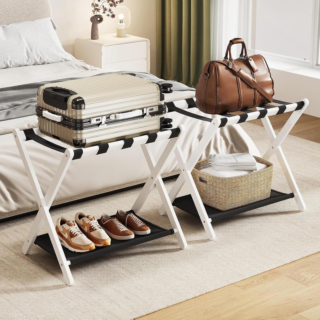 oakvivo Fully Assembled 2 Pack Luggage Rack with Fabric Storage Shelf, 26.77" Bamboo Folding Luggage Rack for Guest Room, Luggage Stand Holder, Thickened Suitcase Stand Holds up to 165 Lbs, White