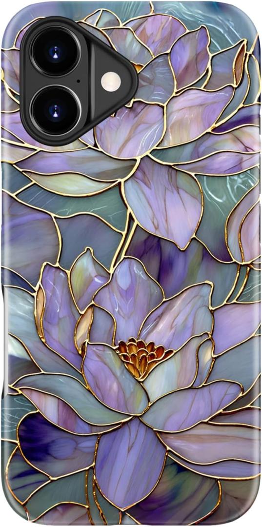 For iPhone 17 Case - Wireless Charging Compatible - Dual-Layer Hard Shell + Silicone Cover - Shockproof Protective Phone Case with Stylish Designs for Women - Abstract Lotus