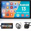 Hikity Android 13 Double Din Car Stereo 7 Inch Touch Screen Car Radio GPS Navigation WiFi Bluetooth FM Radio Mirror Link for iOS/Android Phones, with 12 Led Lights AHD Rear View Camera Mic
