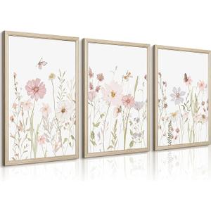 Wildflower Nursery Wall Art Pink Watercolor Floral Painting Baby Girl Nursery Canvas Wall Decor Vintage Botanical Flower Picture Boho Wildflower Prints for Bedroom 16x24x3 Inch Framed