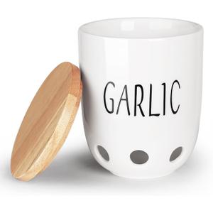 Ceramic Garlic Keeper for Counter, Garlic Saver Container with Wood Lid, Garlic Keeper for Kitchen, Garlic Holder to Keep Your Garlic Cloves Fresh Longer (White)